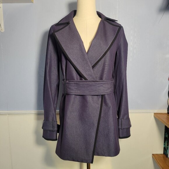 Elle Jackets & Blazers - Elle Size 2 Blueish Purple Black Trimmed V Neck Belted Buckle Dress Coat